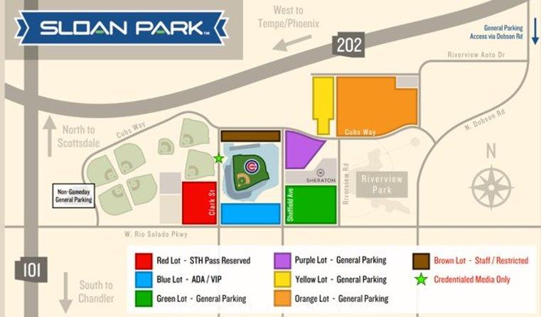 Sloan Park map labeled for the Muster event. Reading from left to right: Red lot for STH pass reserved; Green star for credentialed media only; Brown lot for staff/restricted; Blue lot for ADA/VIP; Yellow lot for general parking; Purple lot for general parking;  Green lot for genera parking; Orange lot for general parking.