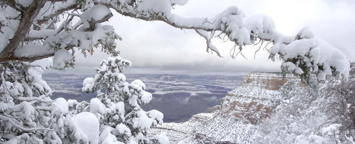 Photo of the Grand Canyon during the winter. Snow covered trees, buttes. spires and mesas.