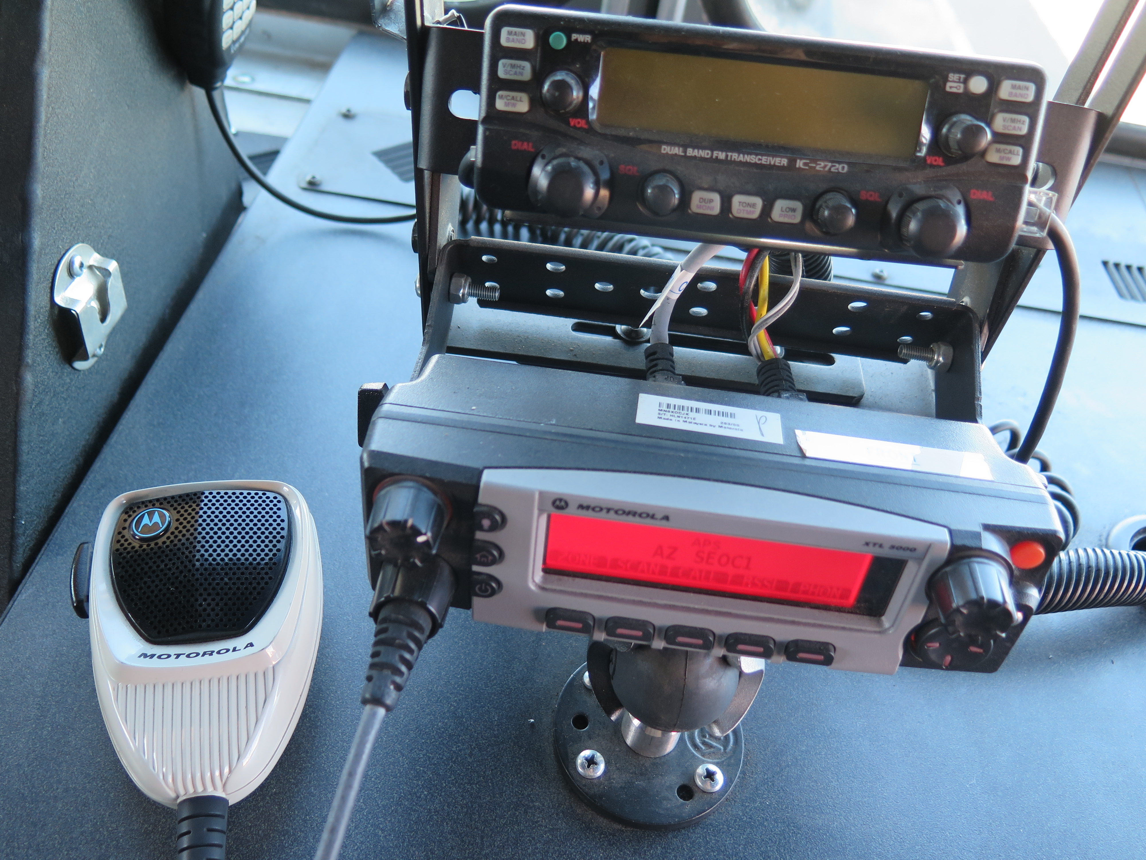 Photo of the amateur radion placed on the dashboard of the Mobile Emergency Operations and Communications Center