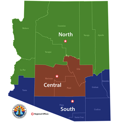 Image of Arizona map divided into three regions. Green represents north region, brown represents central region, and blue represents south. DEMA logo on the bottom left, and a legend mark for Regional Offices.