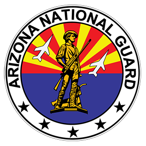 Arizona National Guard logo two just fly in the background with the Arizona flag in a circle