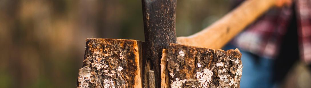 wood cutting. Image of an axe splitting a log in half.