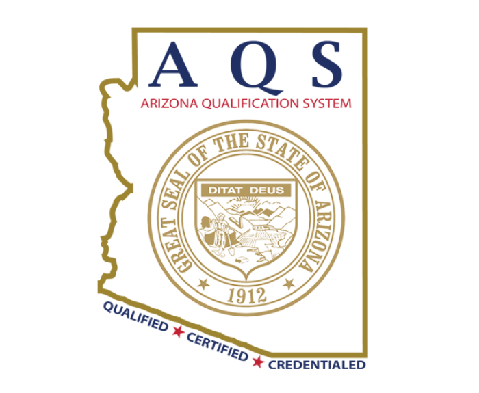 Image of Arizona Qualification System logo. It is Arizona shaped map with gold outline. AQS (in blue)  Arizona Qualification Sytem (in red) and State of Arizona seal inside the map (in gold). Qualified star Certified star Credentialed.